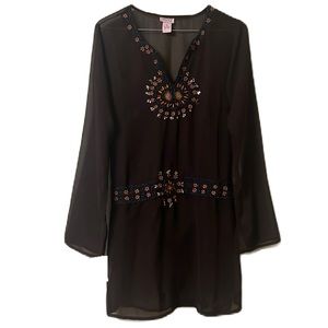 Lipstick, V-Neckline, Light Weight, Tie in Back, Embroidered Top, Multi, Medium